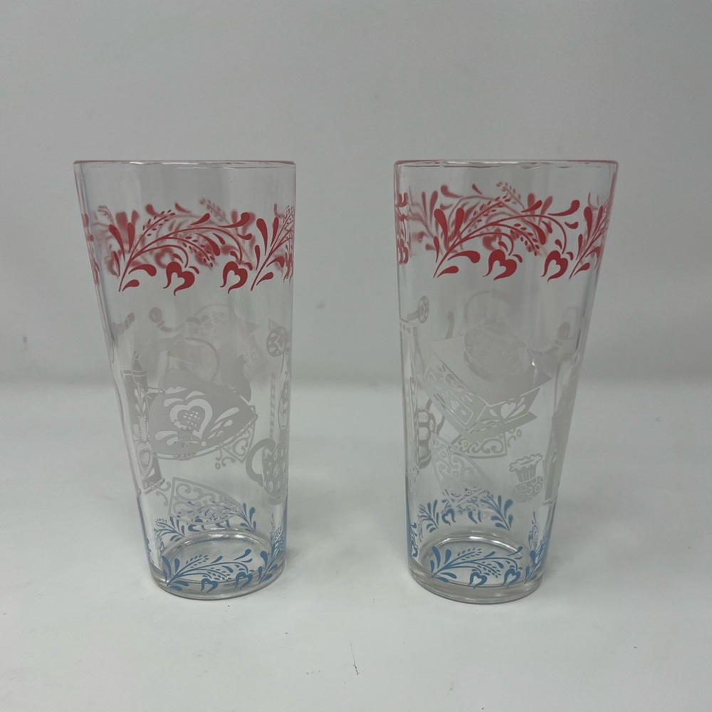 MCM Hazel Atlas Glasses set of 2 Vintage Retro Pink White Blue Kitschy Pattern